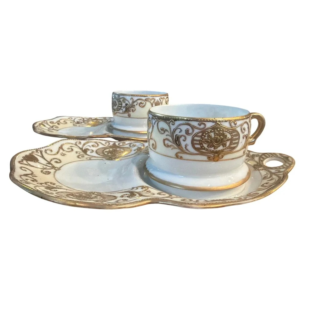 Vintage Hand Painted Japan Gold Moriage Tea Cups Snack Trays Set 6pc Antique